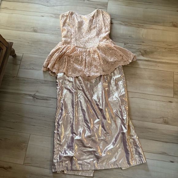Vintage 80s pink metallic lace peplum strapless dress wedding party glam prom - Picture 2 of 8